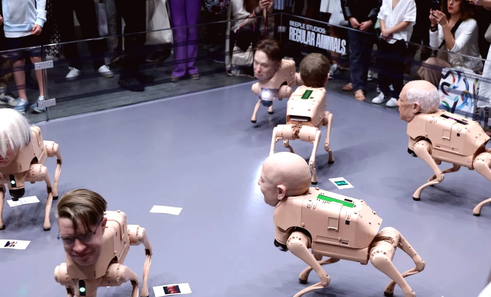 Footage reveals Elon Musk, Andy Warhol, Jeff Bezos portrayed as robotic dogs in art