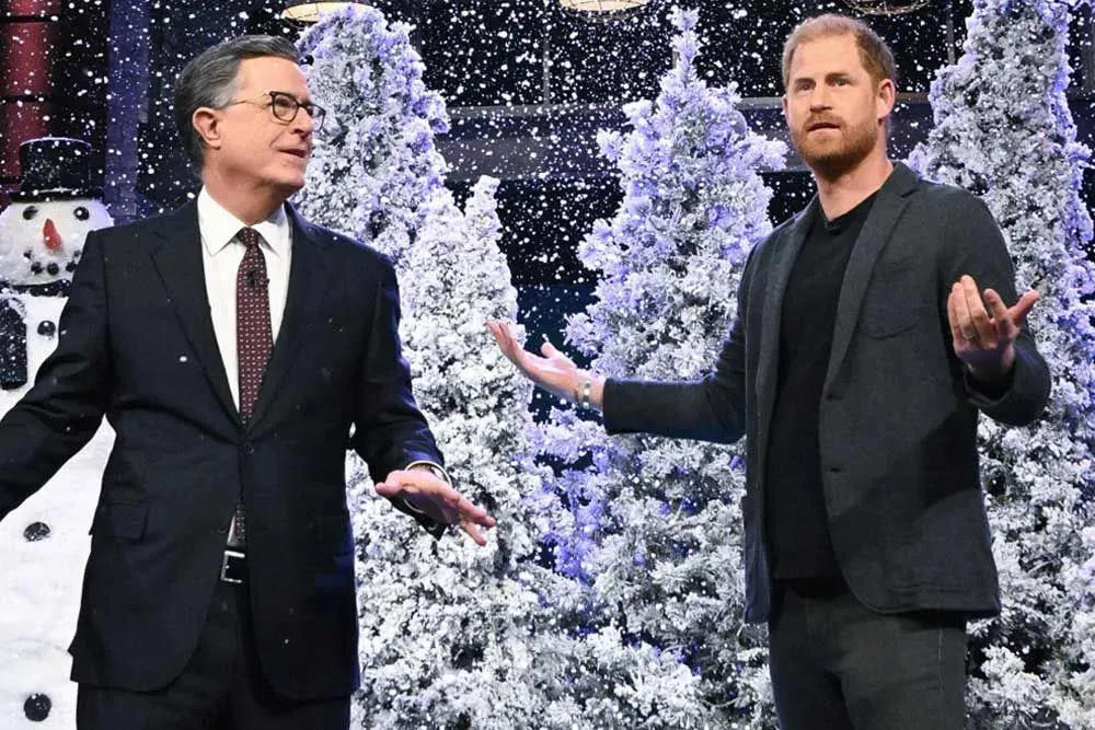 Prince Harry Pretends to Audition for a Hallmark Christmas Movie on “The Late Show” — and Comes Close to Kissing Stephen Colbert
