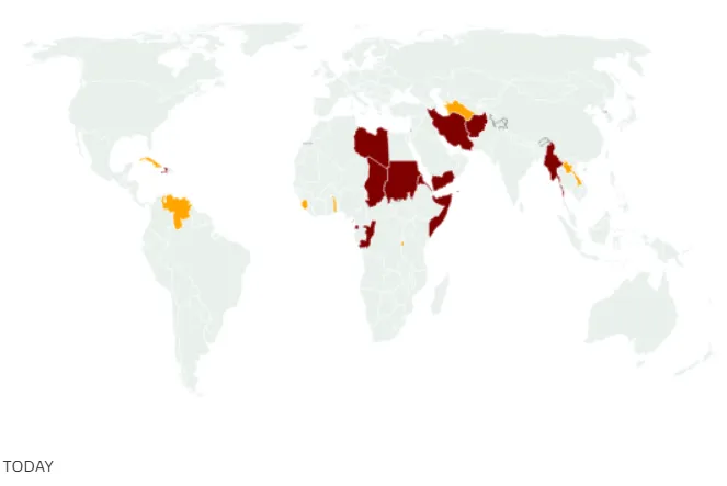 Which 19 countries, originally on travel ban list, are now on immigration pause?