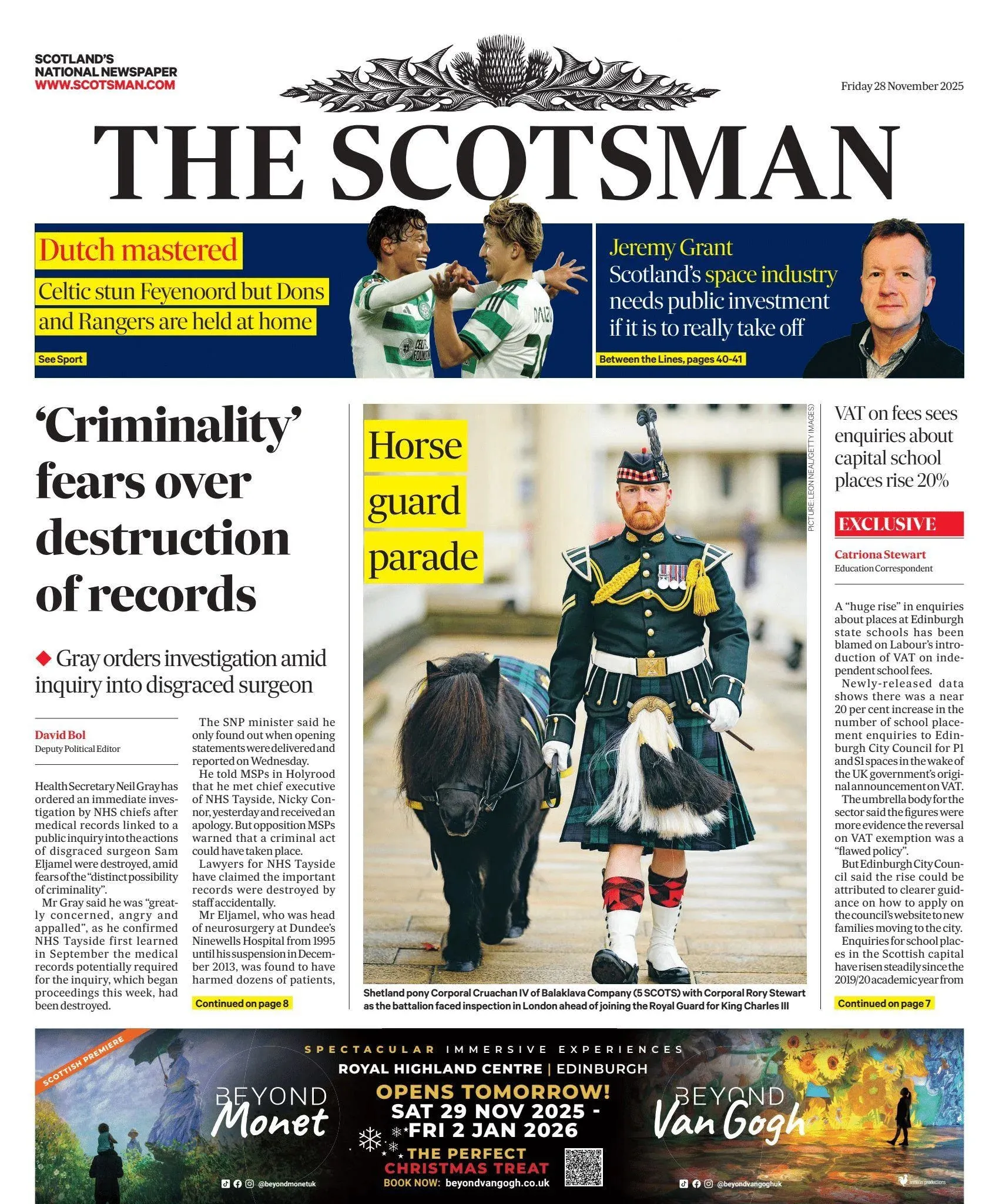 Scotland's papers: Surgeon records destroyed, raising concerns about funeral plans.
